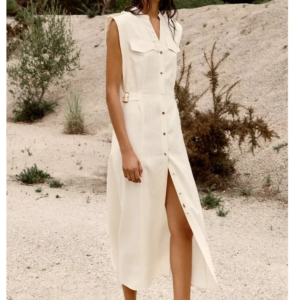 chinese dress ladies Shimmering Linen Dress with Belt – La Garçonne main image 0